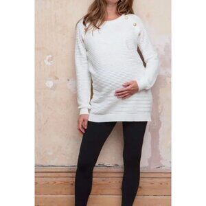 Seraphine Cream Ribbed Scoop Neck Maternity Sweater with Button Detail